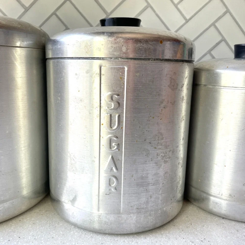 1950s Vintage Spun Aluminum Kitchen Canister Set of 4 Nesting Art Deco MCM